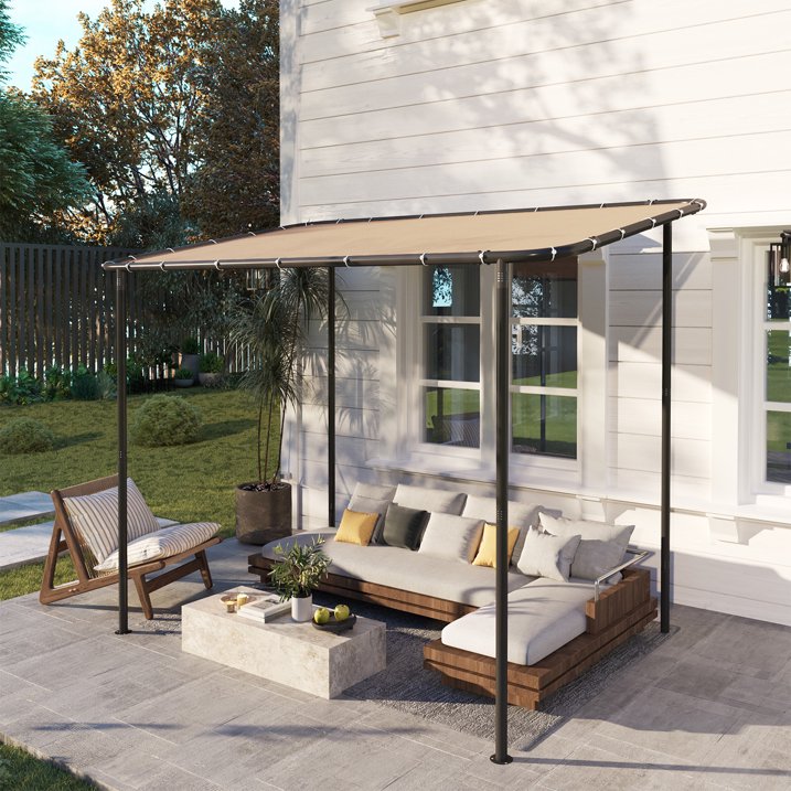 Clouddwell 10×6 FT Wall-Mounted Sloped Roof Outdoor Pergola Canopy, Water-Resistant & UV-Resistant Metal Patio Gazebo for Backyard Garden Porch in Khaki