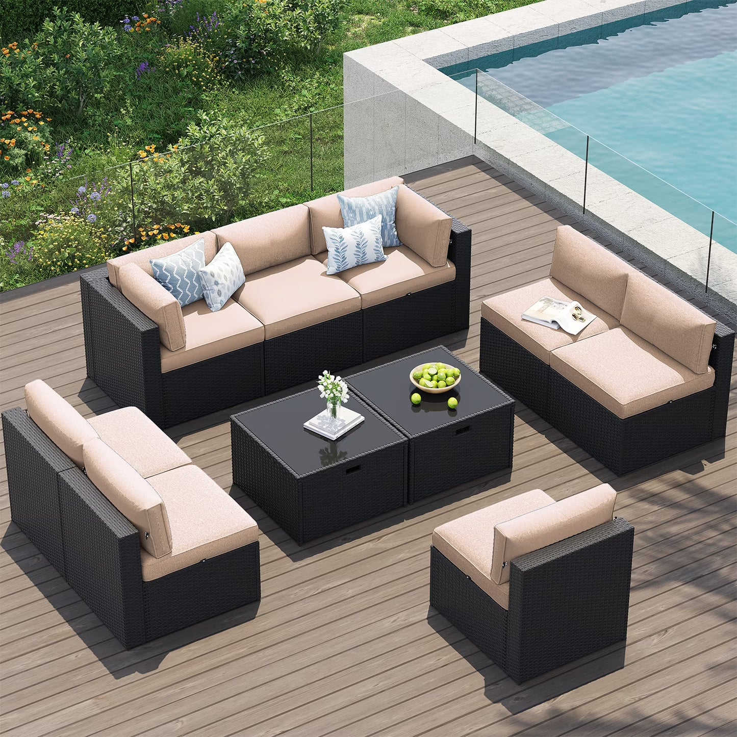 Clouddwell 10-Piece Patio Furniture Set On Sale, Black Rattan Wicker Outdoor Sectional Sofa Couch with Table Patio Conversation Set for Lawn& Backyard,Gray