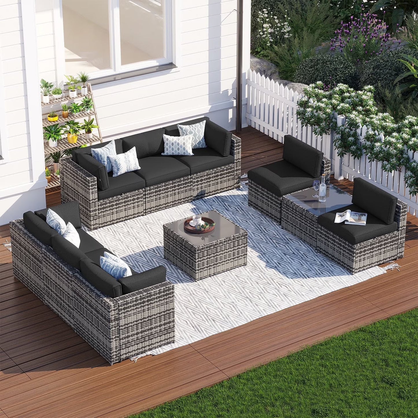 Clouddwell 10 Piece Patio Furniture Set Wicker Rattan Patio Conversation Set Outdoor Sectional Sofa Set with Coffee Table and Gray Cushions(Waterproof Cover Included)
