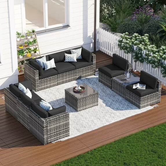 Clouddwell 10 Piece Patio Furniture Set Wicker Rattan Patio Conversation Set Outdoor Sectional Sofa Set with Coffee Table and Black Cushions(Waterproof Cover Included)
