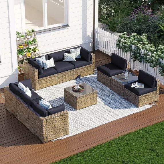 Clouddwell 10 Piece Patio Furniture Set Wicker Rattan Patio Conversation Set Outdoor Sectional Sofa Set with Coffee Table and Blue Cushions(Waterproof Cover Included)
