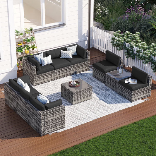 Clouddwell 10 Piece Patio Furniture Set Wicker Rattan Patio Conversation Set Outdoor Sectional Sofa Set with Coffee Table and Black Cushions(Waterproof Cover Included)