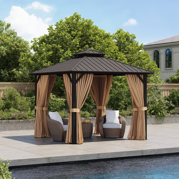 Clouddwell 10' x 10' Gazebo for Patio, Gazebo Pergola with Sloped Roof, Large Wall-Mounted Heavy Duty Awnings, for Deck, Patio and Backyard,Brown