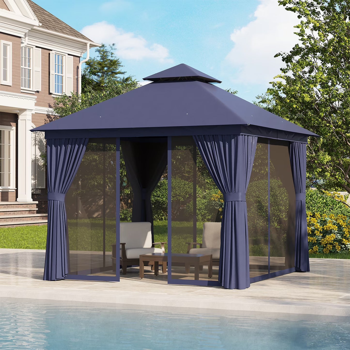 Clouddwell 10'x 10' Patio Gazebo Double Roof Protection All-Weather Outdoor Shelter Features Insect Screens & Privacy Curtains Ideal for Backyard, Lawn, (Blue)