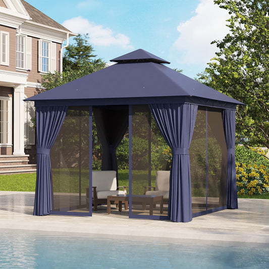 Clouddwell 10'x 10' Patio Gazebo Double Roof Protection All-Weather Outdoor Shelter Features Insect Screens & Privacy Curtains Ideal for Backyard, Lawn, (Blue)