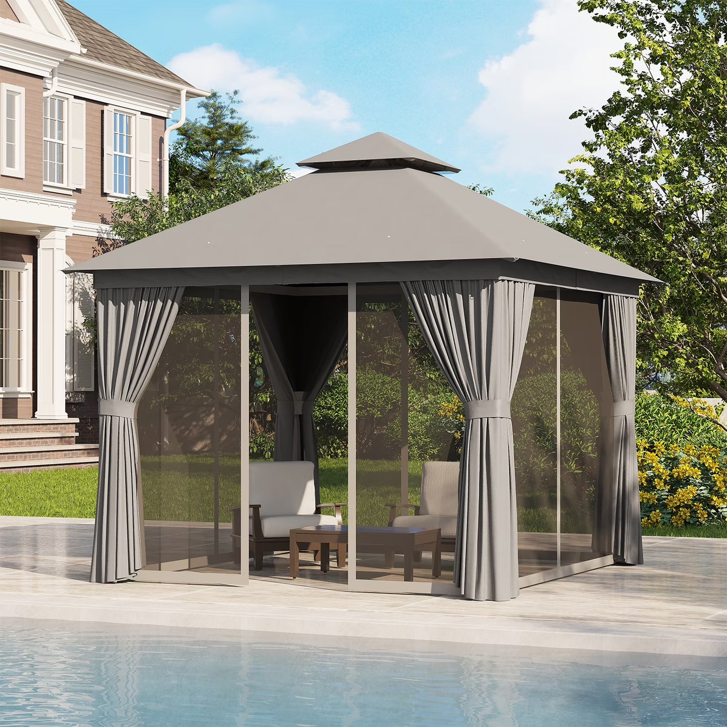 Clouddwell 10'x 10' Patio Gazebo Double Roof Protection All-Weather Outdoor Shelter Features Insect Screens & Privacy Curtains Ideal for Backyard, Lawn, (Gray)