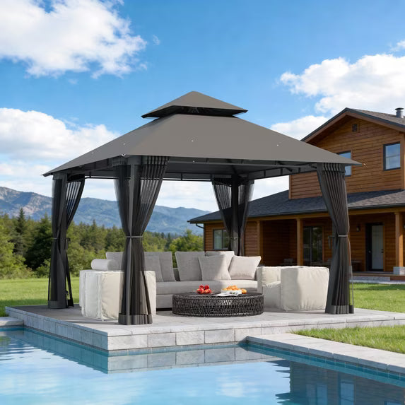 LazySunsets 10'x 10' Patio Gazebo Double Roof Protection All-Weather Outdoor Shelter Features Insect Screens for Backyard, Lawn, (Gray)