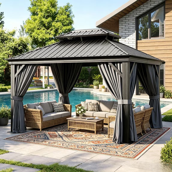 Clouddwell 10' x 12' Aluminum Gazebo with Double Roof, Hardtop Outdoor Gazebo with Galvanized Steel for Garden, Deck, Pool