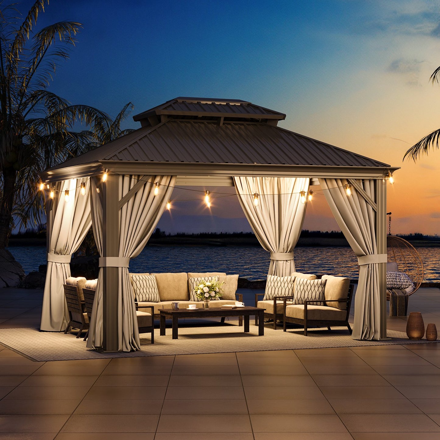 Clouddwell 10' x 12' Hardtop Gazebo with Double Roof, Aluminum Frame Outdoor Patio Gazebo with Netting & Curtains, Metal Roof Canopy with Built-in Drainage System