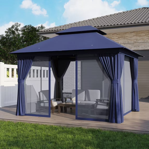 Clouddwell 10'x 12' Patio Gazebo Double Roof Protection All-Weather Outdoor Shelter Features Insect Screens & Privacy Curtains Ideal for Backyard, Lawn, (Blue)