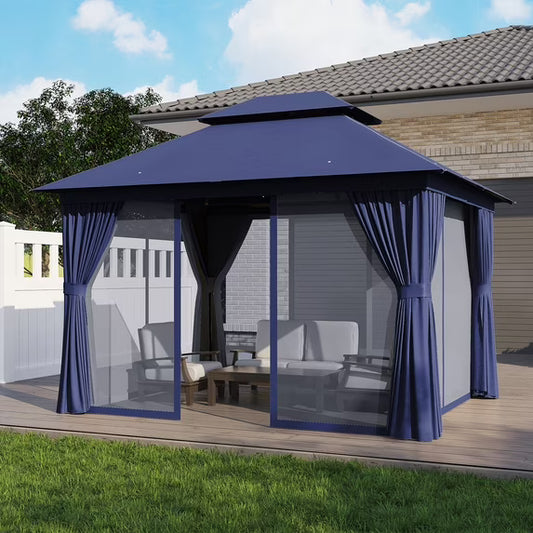 Clouddwell 10'x 12' Patio Gazebo Double Roof Protection All-Weather Outdoor Shelter Features Insect Screens & Privacy Curtains Ideal for Backyard, Lawn, (Blue)