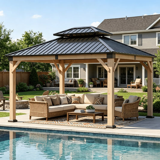 Clouddwell 10' x 12' Wood Gazebo with Double Roof, Hardtop Metal Roof Outdoor Patio Gazebo Canopy for Backyard, Deck, Lawn & Garden