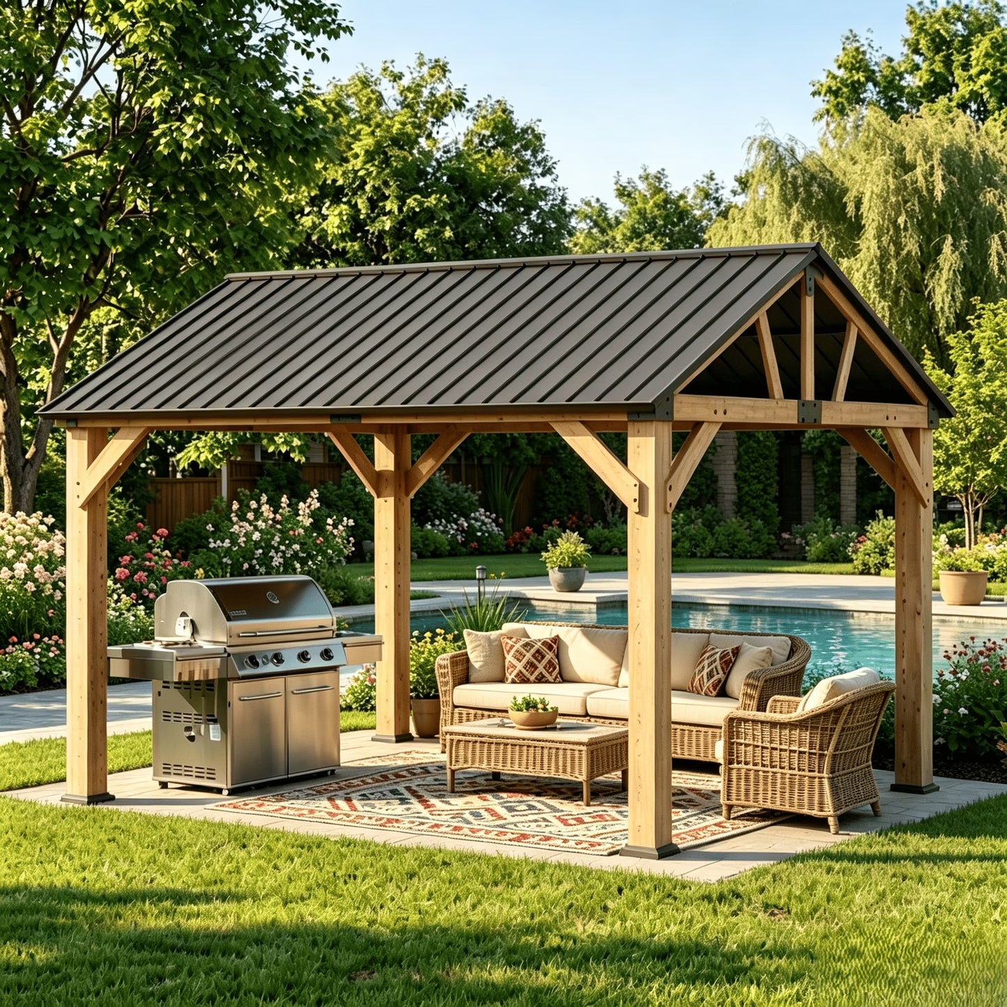 Clouddwell 10' x 12' Wood Gazebo with Hardtop Metal Roof, Outdoor Patio Gazebo for Backyard, Deck, Lawn & Poolside