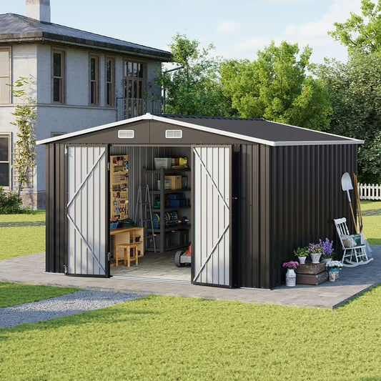 Clouddwell 10 x 12FT Shed Outdoor Storage Shed with Double Hinged Large Door, Large Metal Shed with Lockable Door & Sloped Roof for Garden, Backyard, Patio and Backyard, Black