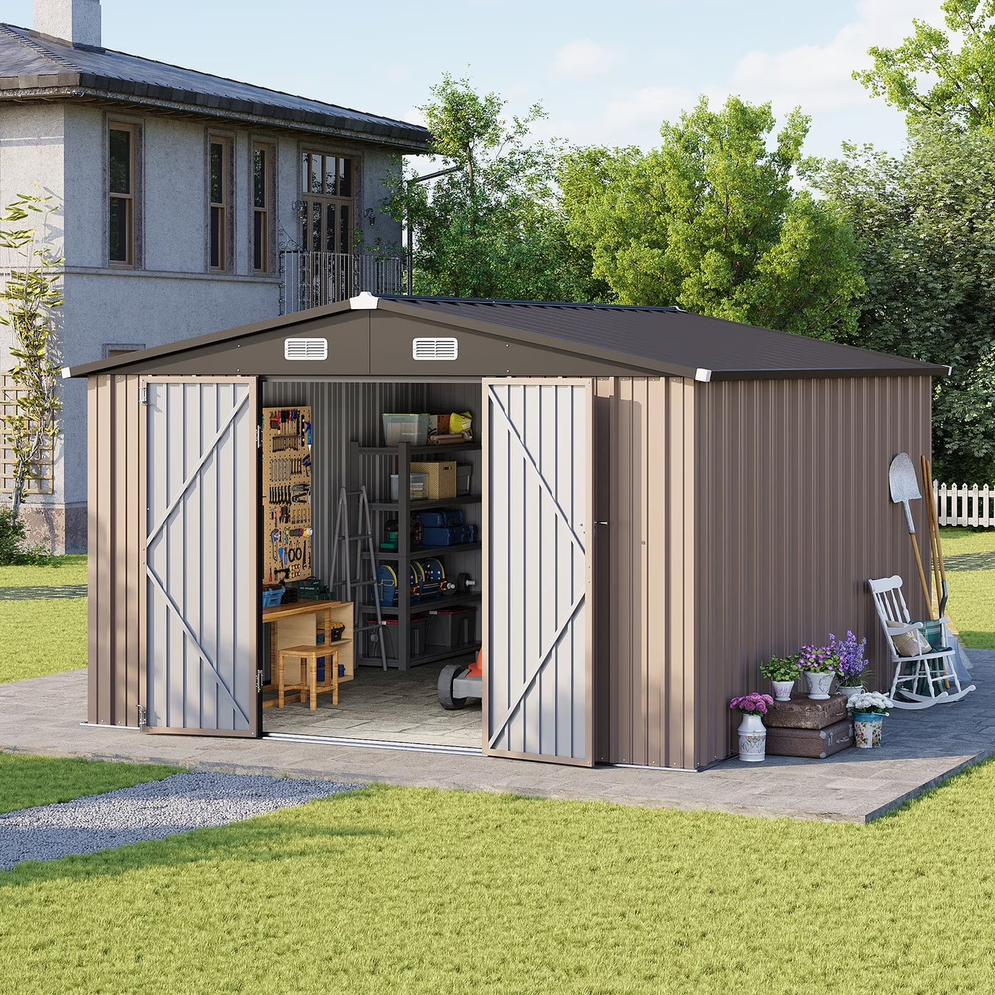 Clouddwell 10 x 12FT Shed Outdoor Storage Shed with Double Hinged Large Door, Large Metal Shed with Lockable Door & Sloped Roof for Garden, Backyard, Patio and Backyard, Brown