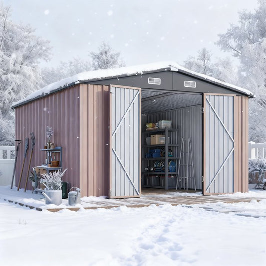 Clouddwell 10 x 12FT Shed Outdoor Storage Shed with Double Hinged Large Door, Large Metal Shed with Lockable Door & Sloped Roof for Garden, Patio and Backyard, Brown