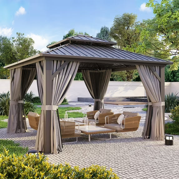 Clouddwell 10' x 14' Gazebo for Patio, Gazebo Pergola with Sloped Roof, Large Wall-Mounted Heavy Duty Awnings, for Deck, Patio and Backyard