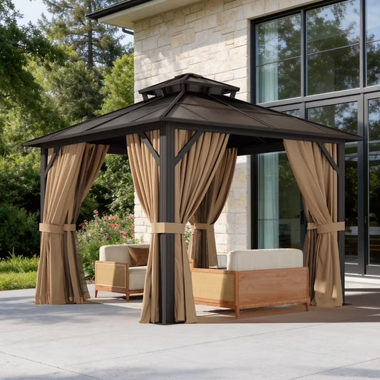 Clouddwell 10'x10' Hardtop Gazebo - Polycarbonate Double Roof with Netting & Curtains for Patio, Garden Sun Protection,Brown
