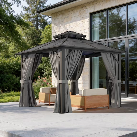 Clouddwell 10'x10' Hardtop Gazebo - Polycarbonate Double Roof with Netting & Curtains for Patio, Garden Sun Protection,Gray