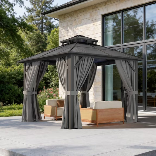 Clouddwell 10'x10' Hardtop Gazebo - Polycarbonate Double Roof with Netting & Curtains for Patio, Garden Sun Protection,Gray