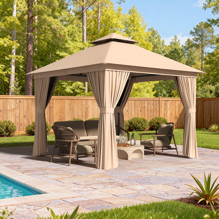 Clouddwell 10'x10' Patio Gazebo Double Roof Protection All-Weather Outdoor Shelter Features Insect Screens & Privacy Curtains Ideal for Backyard, Lawn, (Beige)
