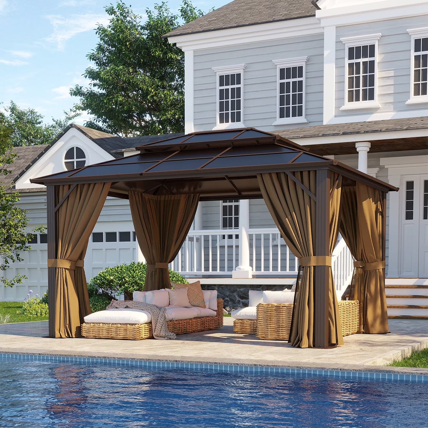 Clouddwell 10'x12' Hardtop Gazebo - Polycarbonate Double Roof with Netting & Curtains for Patio, Garden Sun Protection,Gray