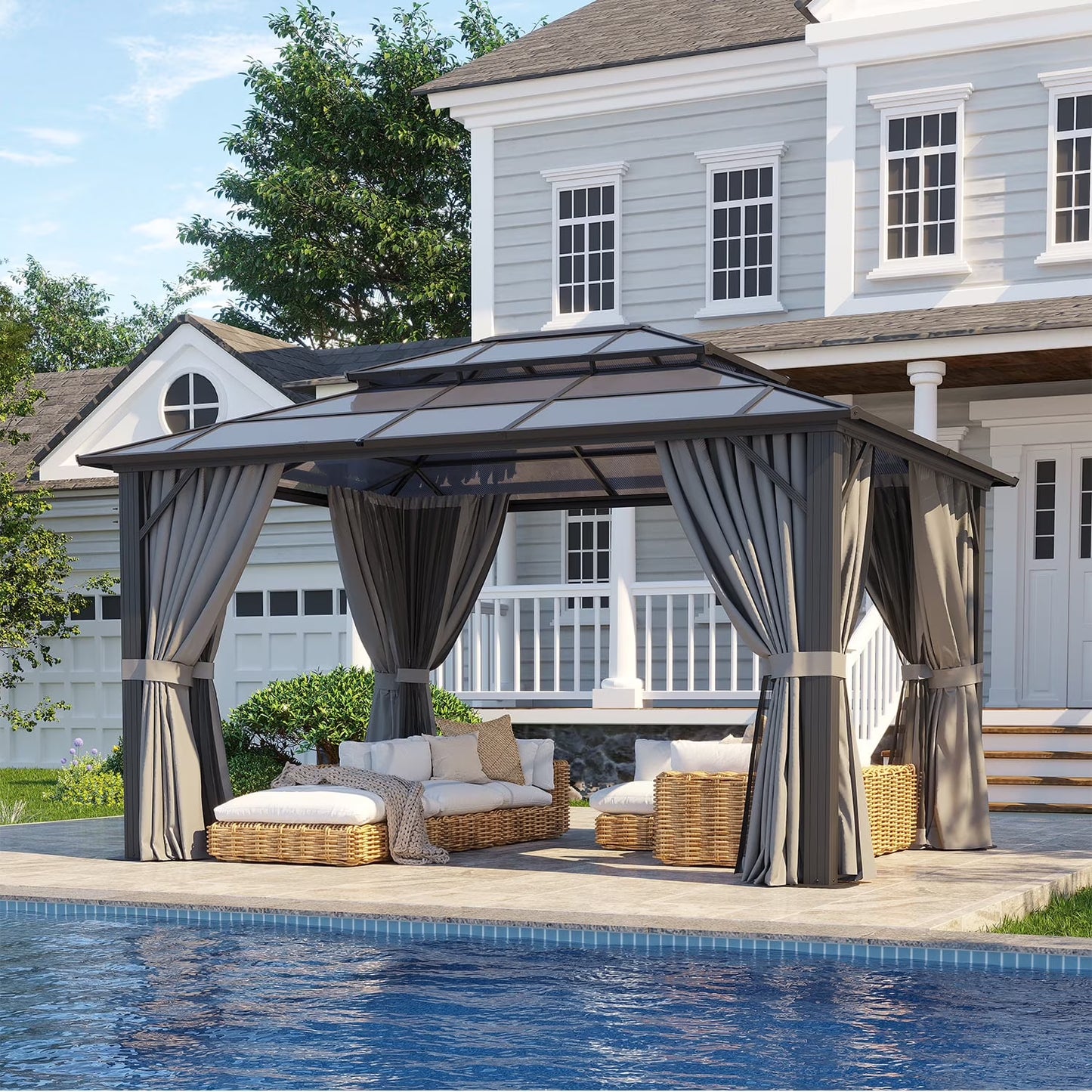 Clouddwell 10'x12' Hardtop Gazebo - Polycarbonate Double Roof with Netting & Curtains for Patio, Garden Sun Protection,Browm