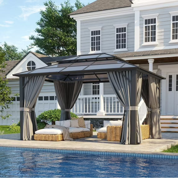 Clouddwell 10'x12' Hardtop Gazebo - Polycarbonate Double Roof with Netting & Curtains for Patio, Garden Sun Protection,Gray