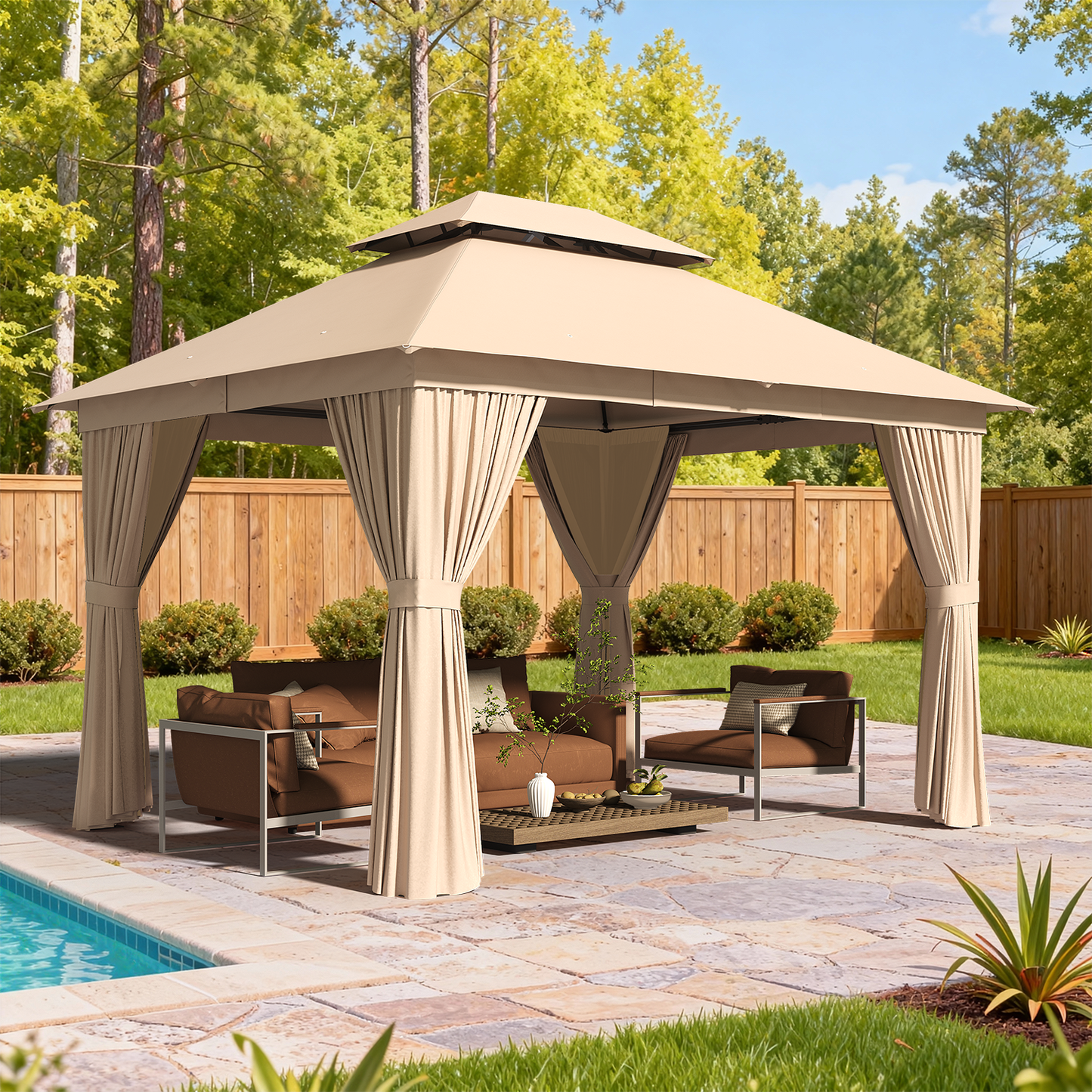Clouddwell 10'x12' Patio Gazebo Double Roof Protection All-Weather Outdoor Shelter Features Insect Screens & Privacy Curtains Ideal for Backyard, Lawn, (Beige)