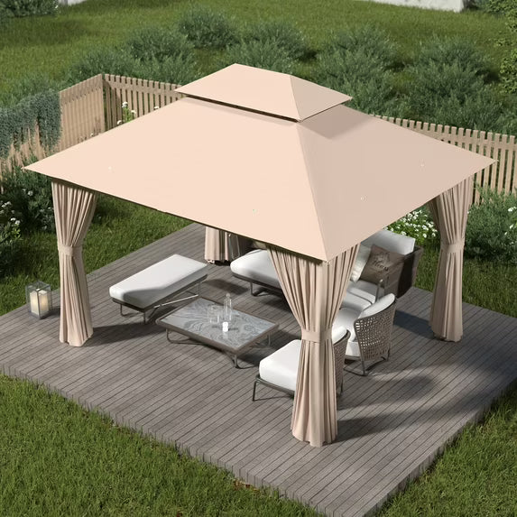 Clouddwell 10'x12' Patio Gazebo Double Roof Protection All-Weather Outdoor Shelter Features Insect Screens & Privacy Curtains Ideal for Backyard, Lawn, or Deck Events (Beige)