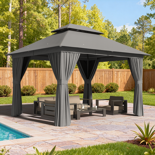 Clouddwell 10'x12' Patio Gazebo Double Roof Protection All-Weather Outdoor Shelter Features Insect Screens & Privacy Curtains Ideal for Backyard, Lawn, (Gray)