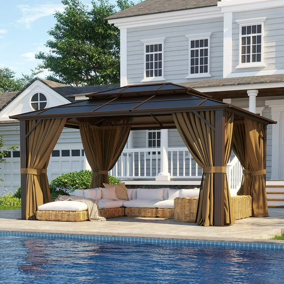 Clouddwell 10'x13' Hardtop Gazebo - Polycarbonate Double Roof with Netting & Curtains for Patio, Garden Sun Protection,Browm