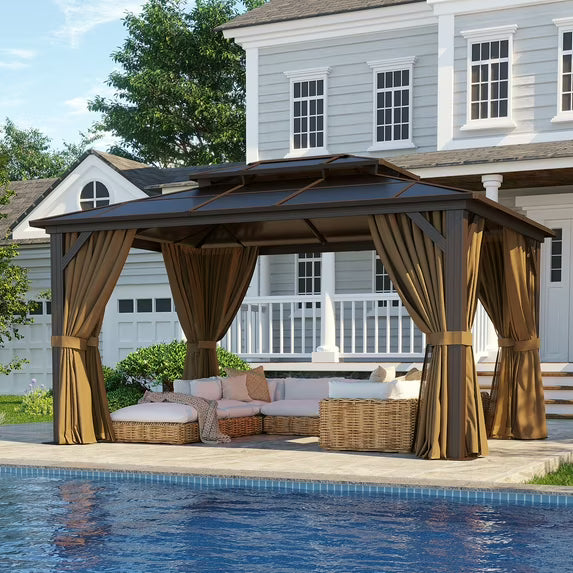 Clouddwell 10'x14' Hardtop Gazebo - Polycarbonate Double Roof with Netting & Curtains for Patio, Garden Sun Protection,Browm