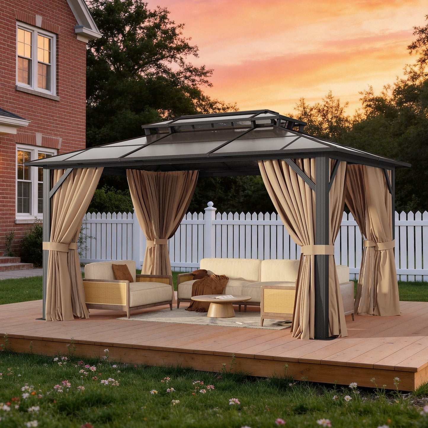 Clouddwell 10'x14' Hardtop Gazebo - Polycarbonate Double Roof with Netting & Curtains for Patio, Garden Sun Protection,Brown