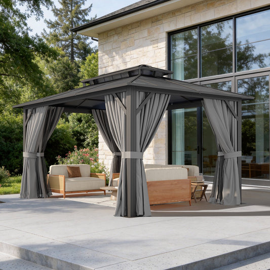 Clouddwell 10'x14' Hardtop Gazebo - Polycarbonate Double Roof with Netting & Curtains for Patio, Garden Sun Protection,Gray