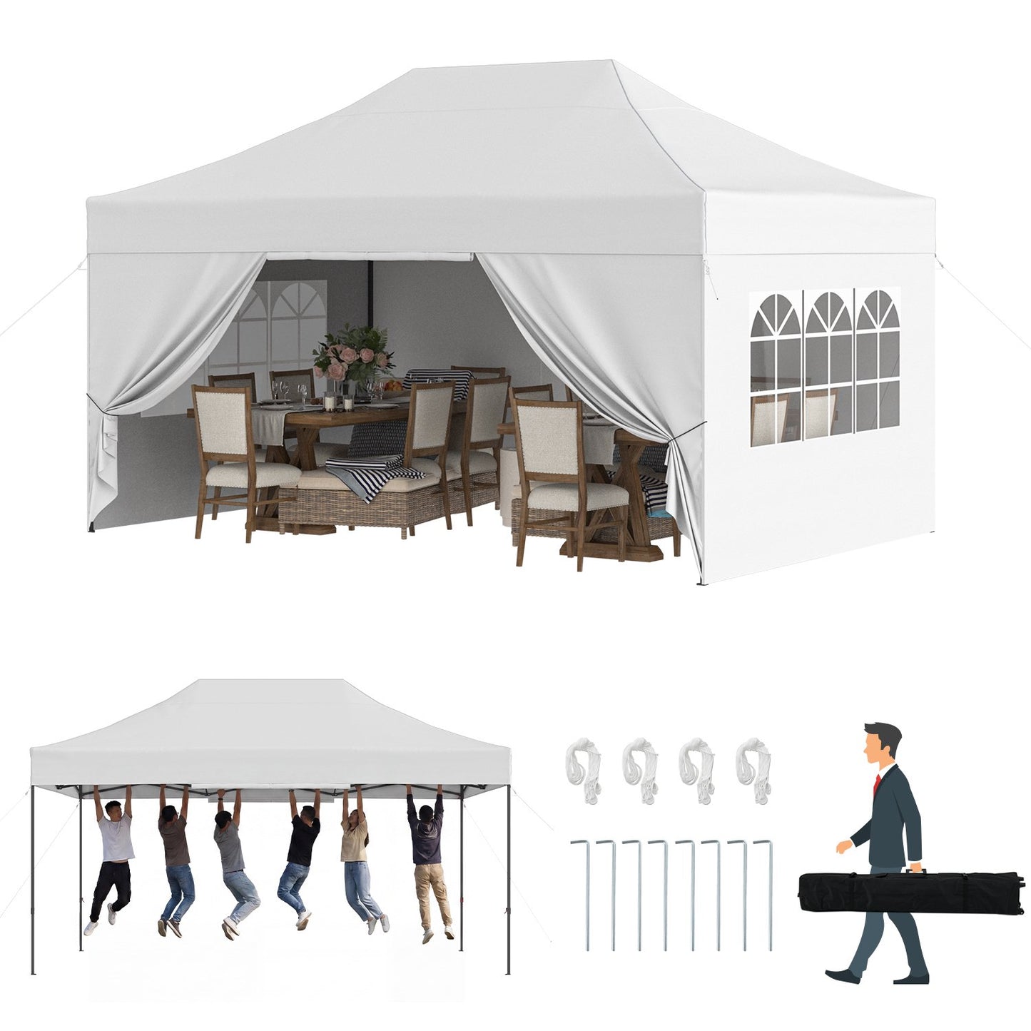 Clouddwell 10'x15' Pop Up Canopy Tent with Removable Sidewalls, Adjustable Height Instant Outdoor Canopy, Portable Sun Shade Shelter with 4 Sandbags, Easy Setup for Events, Parties, White