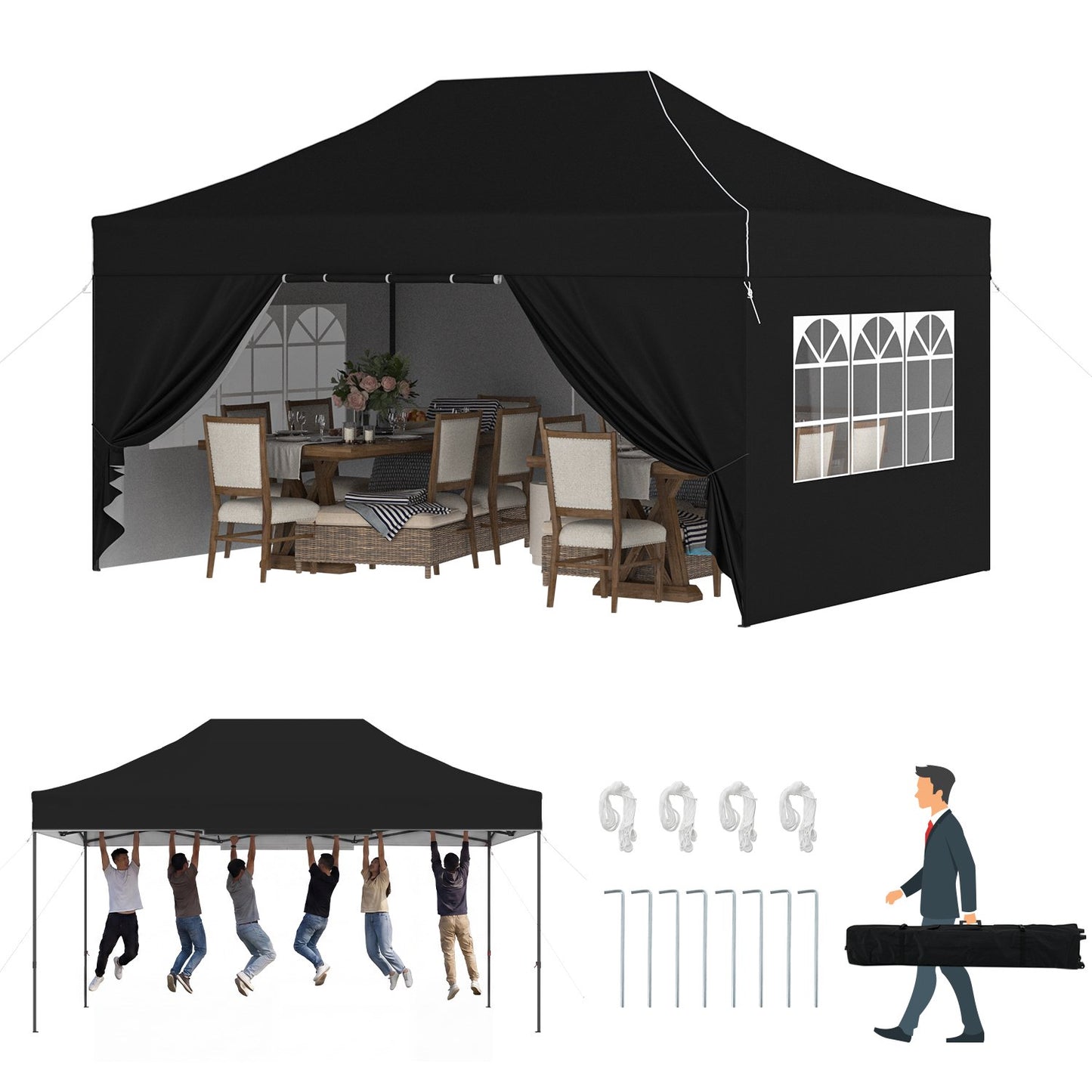 Clouddwell 10'x15' Pop Up Canopy Tent with Removable Sidewalls, Adjustable Height Instant Outdoor Canopy, Portable Sun Shade Shelter with 4 Sandbags, Easy Setup for Events, Parties, Black