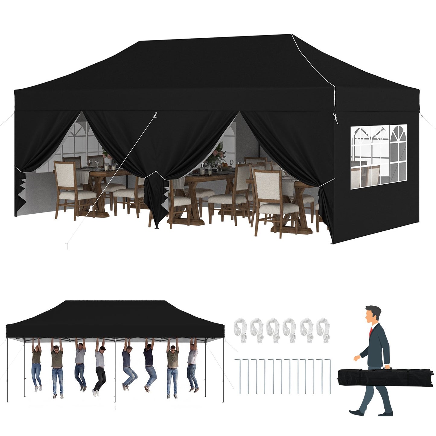 Clouddwell 10'x20' Pop Up Canopy Tent with 6 Removable Sidewalls, Adjustable Height Instant Outdoor Canopy, Portable Sun Shade Shelter with 4 Sandbags, Easy Setup for Parties, Camping, Events, Black