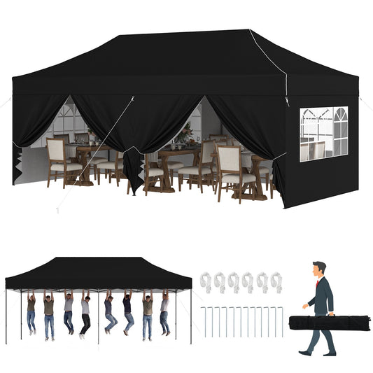 Clouddwell 10'x20' Pop Up Canopy Tent with 6 Removable Sidewalls, Adjustable Height Instant Outdoor Canopy, Portable Sun Shade Shelter with 4 Sandbags, Easy Setup for Parties, Camping, Events, Black