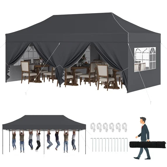 Clouddwell 10'x20' Pop Up Canopy Tent with 6 Removable Sidewalls, Adjustable Height Instant Outdoor Canopy, Portable Sun Shade Shelter with 4 Sandbags, Easy Setup for Parties, Camping, Events, Gray