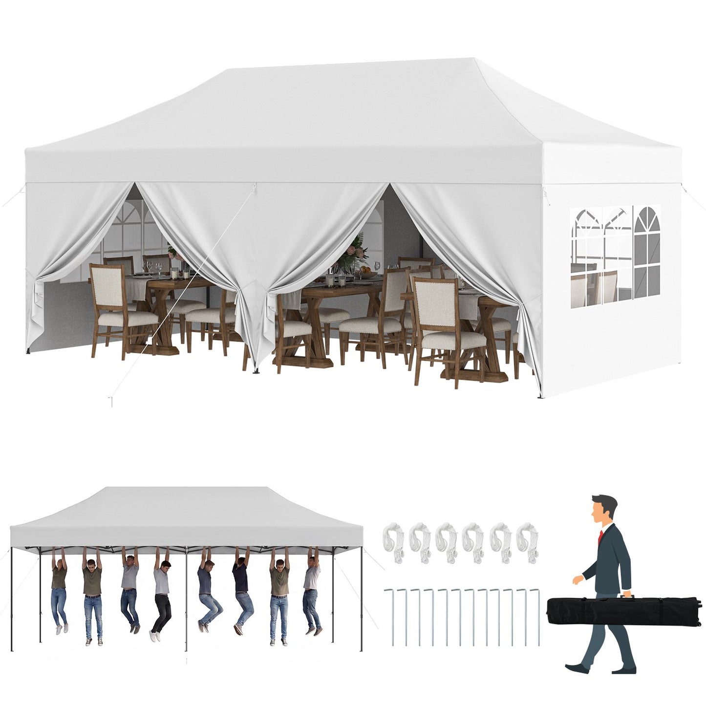 Clouddwell 10'x20' Pop Up Canopy Tent with 6 Removable Sidewalls, Adjustable Height Instant Outdoor Canopy, Portable Sun Shade Shelter with 4 Sandbags, Easy Setup for Parties, Camping, Events, White
