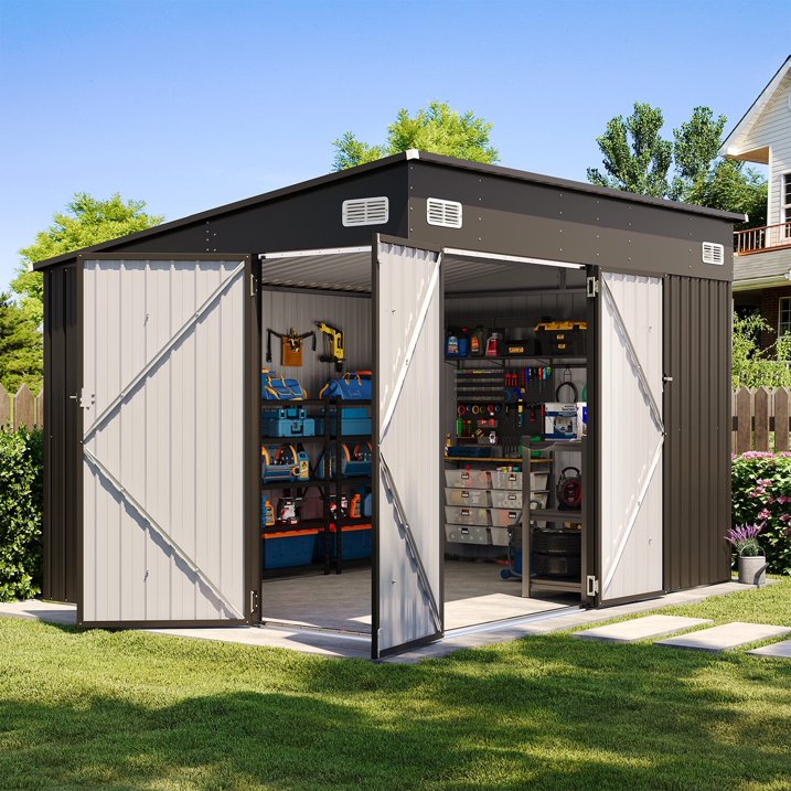 Clouddwell 10ft x 8ft Heavy-Duty Metal Storage Shed with 3 Doors, Lockable Lean-To Design, Weatherproof for Garden & Tools (Black)