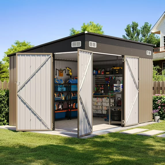 Clouddwell 10ft x 8ft Heavy-Duty Metal Storage Shed with 3 Doors, Lockable Lean-To Design, Weatherproof for Garden & Tools (Brown)