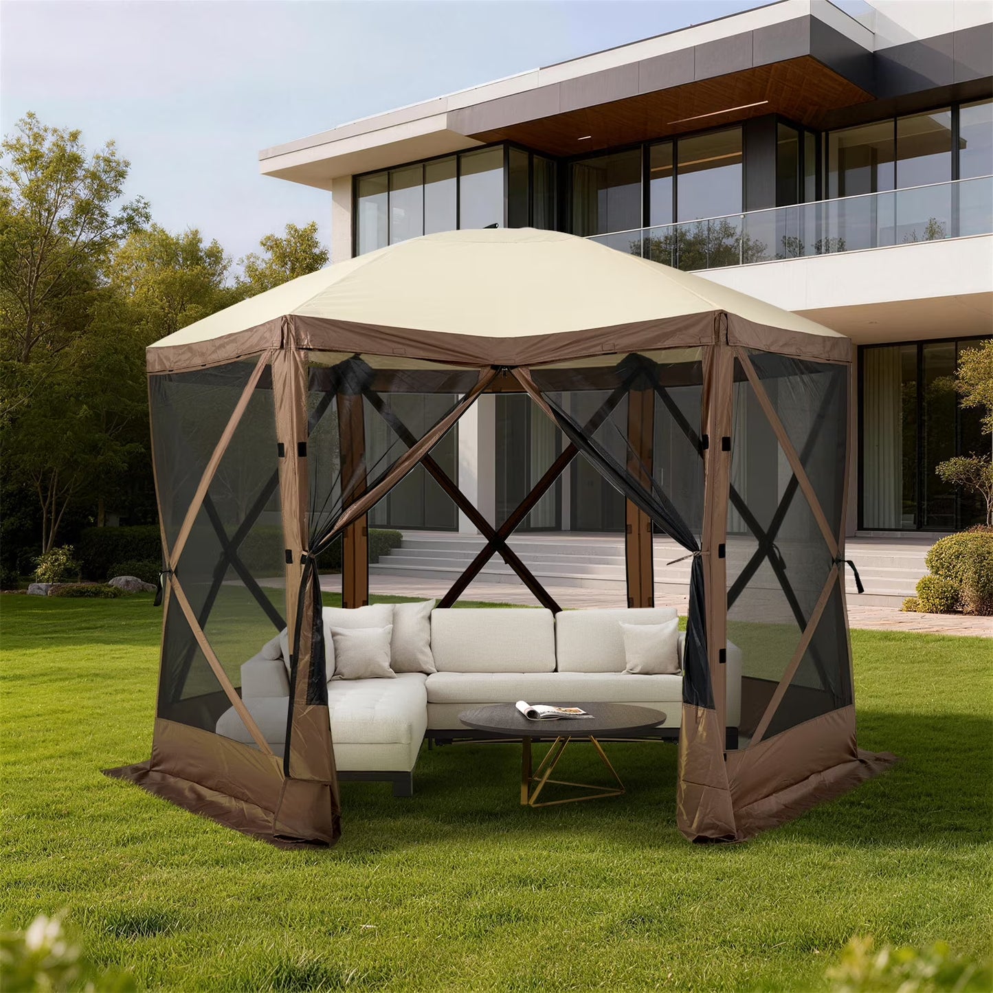 Clouddwell 10x10 FT Outdoor Pop-up Gazebo Tent, 6-Sided Screen Room with Waterproof UV-Blocking Canopy, Includes Carry Bag, Stakes & Ropes, Brown