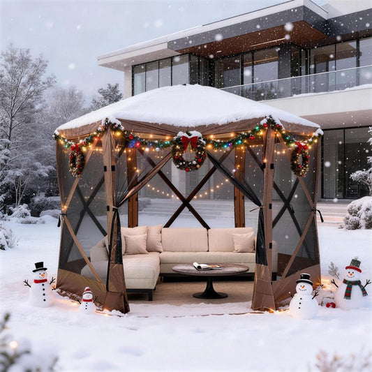 Clouddwell 10x10 FT Outdoor Pop-up Gazebo Tent, 6-Sided Screen Room with Waterproof UV-Blocking Canopy, Includes Carry Bag, Stakes & Ropes, Brown