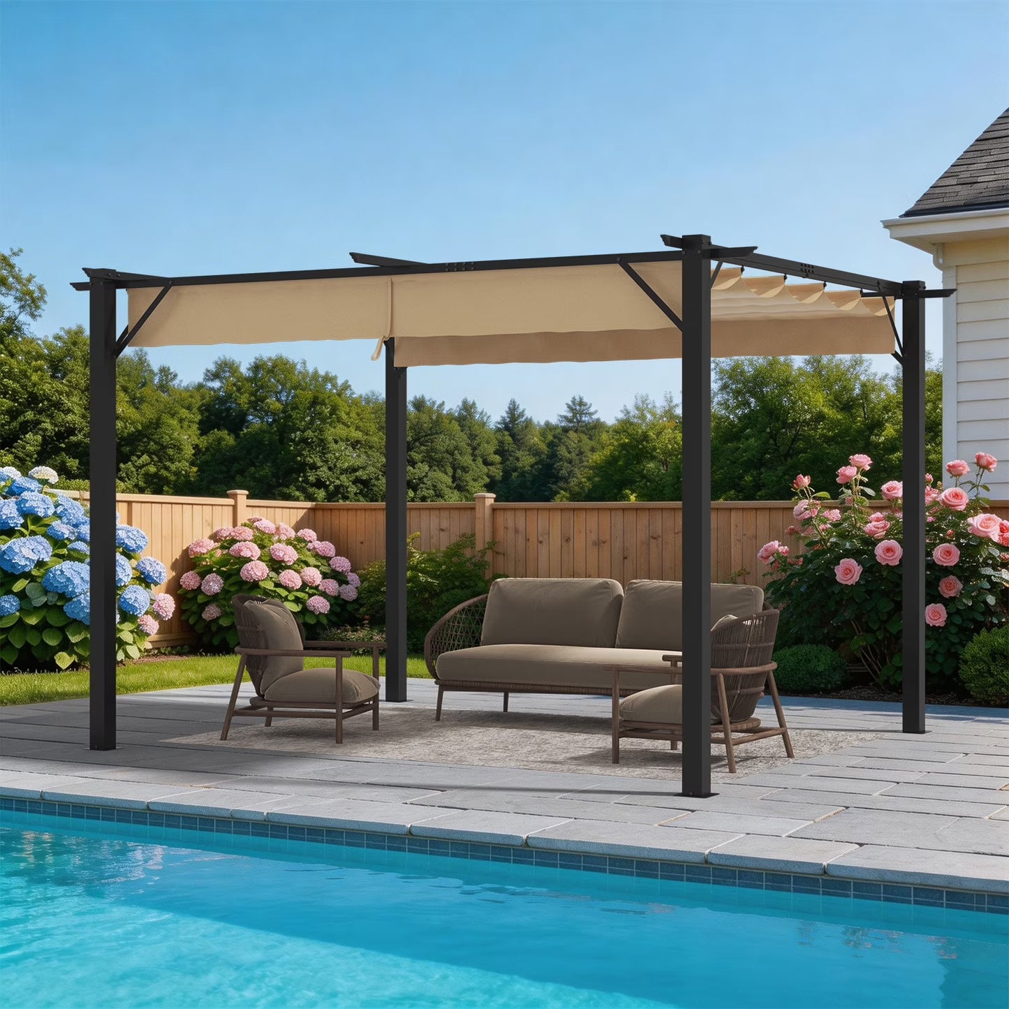 Clouddwell 10x10 ft Outdoor Pergola with Retractable Canopy, Heavy-Duty Metal Frame Patio Pergola for Backyard & Garden, UV Protection Sun Shade, Khaki
