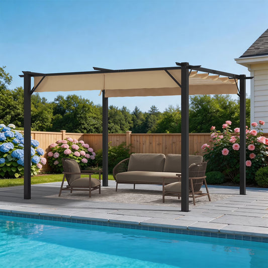 Clouddwell 10x10 ft Outdoor Pergola with Retractable Canopy, Heavy-Duty Metal Frame Patio Pergola for Backyard & Garden, UV Protection Sun Shade, Khaki