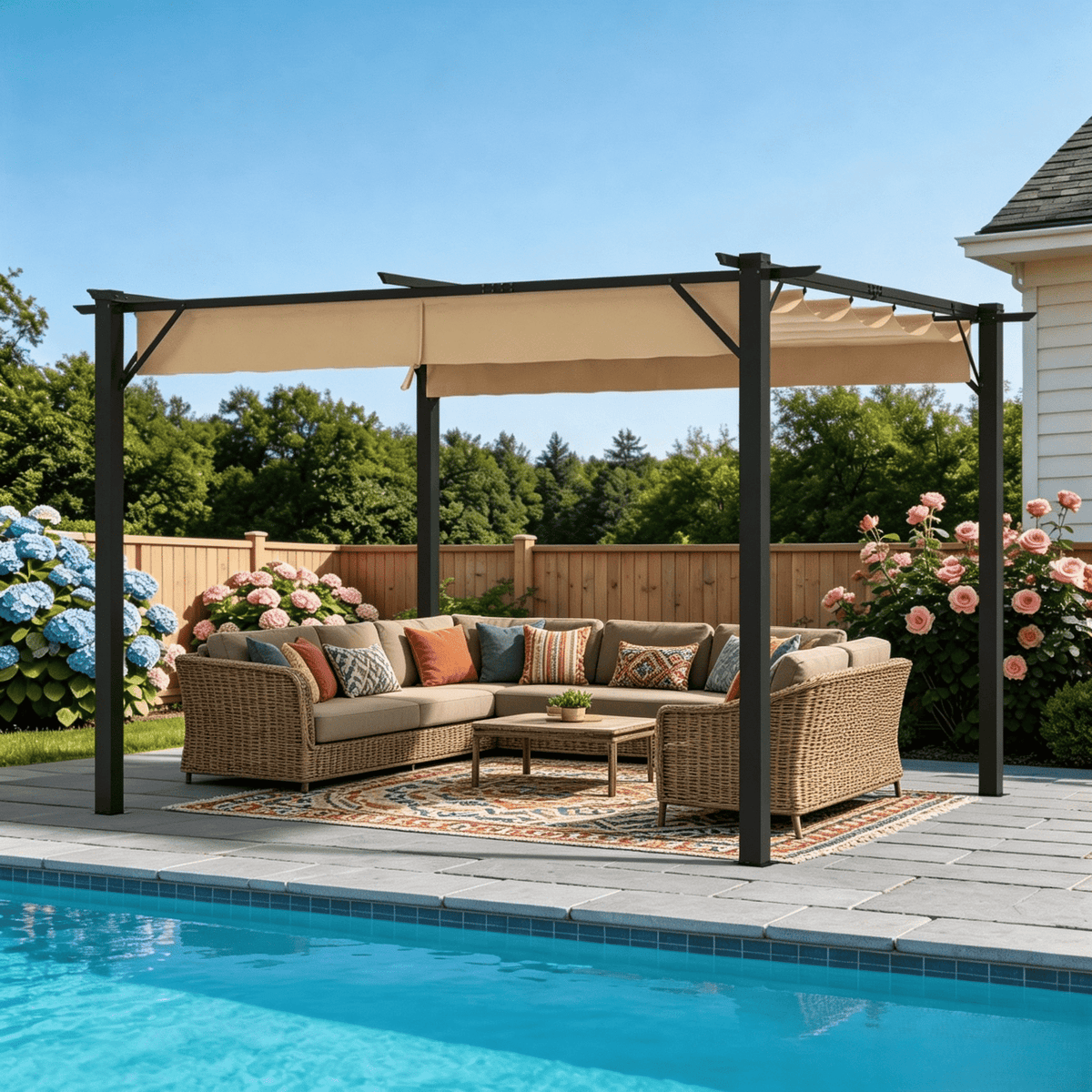 Clouddwell 10x10 ft Outdoor Pergola with Retractable Canopy, Heavy-Duty Metal Frame Patio Pergola for Backyard & Garden, UV Protection Sun Shade, Khaki