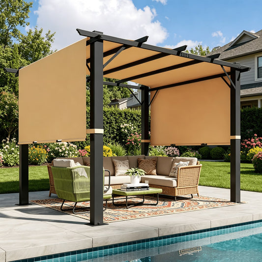 Clouddwell 10x10 ft Outdoor Pergola with Extended Canopy, Retractable Shade Pergola for Patio & Backyard, Blocks Low-Angle Sun, UV Protection, Khaki