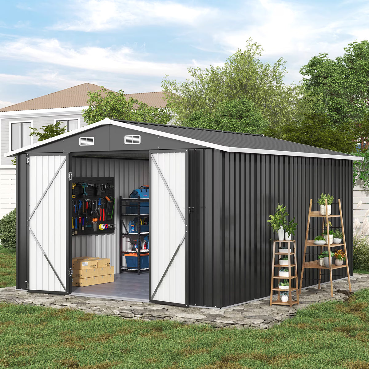 Clouddwell 10x12 FT Outdoor Metal Storage Shed with Floor (12mm PP Floor) & Double Doors for Patio, Backyard - Black